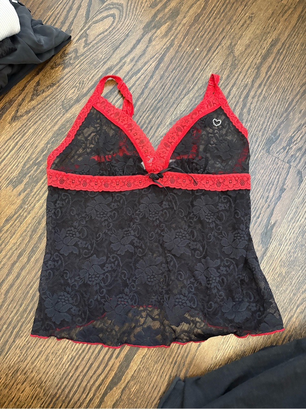 La Vie En Rose Black Lace Cami with Red Trim